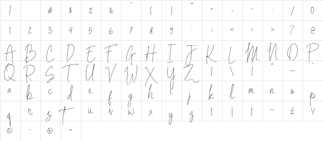 Indesign Signature Regular  glyph index