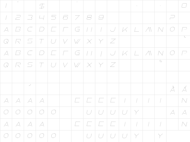 Faxine Sky Italic  glyph index