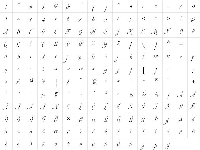 Cali ITC Std Regular  glyph index