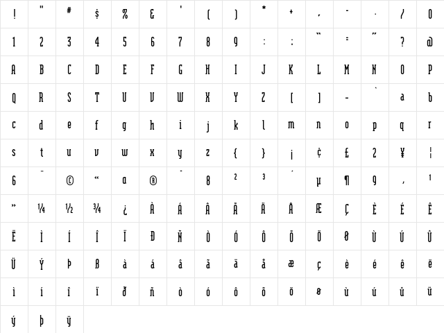 ModulaSerifBold Regular  glyph index