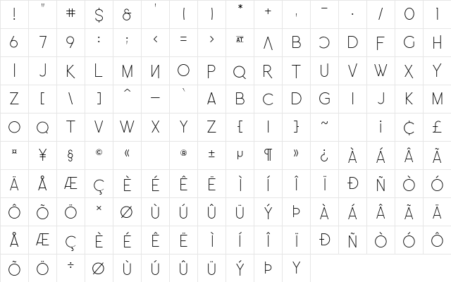 LEonardo-Demo Ultralight  glyph index