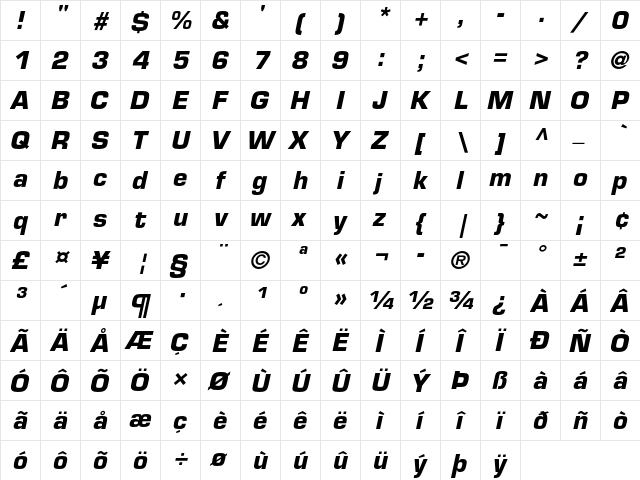 Eurostile Bold Oblique  glyph index