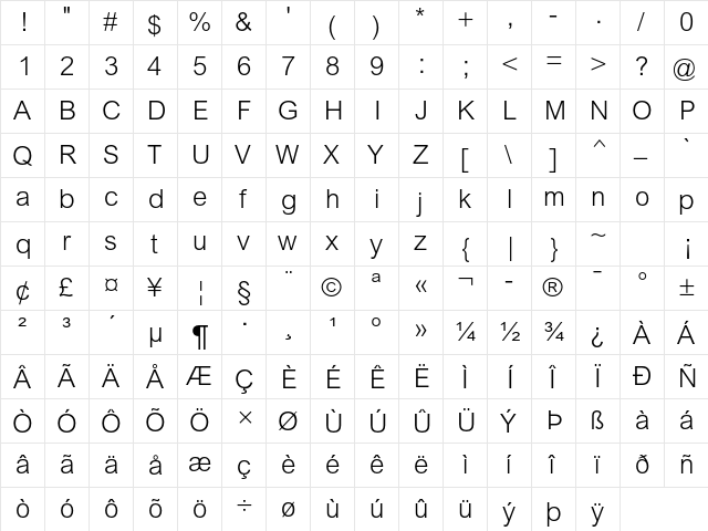 Arial MT Std Light  glyph index