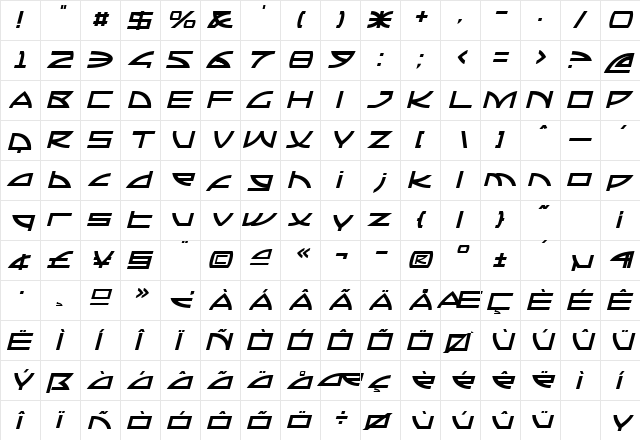 Rapture Oblique  glyph index