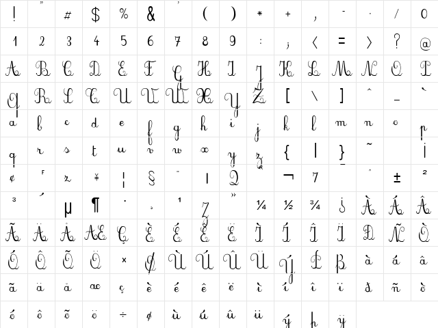 Plum Script Regular  glyph index