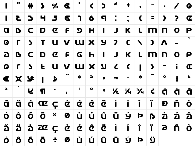 Universal Jack Bold Bold  glyph index