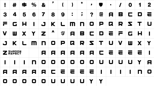 Shadow Aspect Serif Regular  glyph index