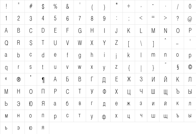 Helvetica_Condenced-Normal Regular  glyph index