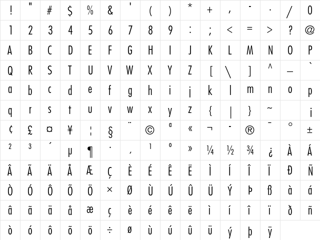 Futura Std Light Condensed  glyph index