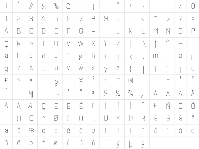 Quarca Norm Thin  glyph index