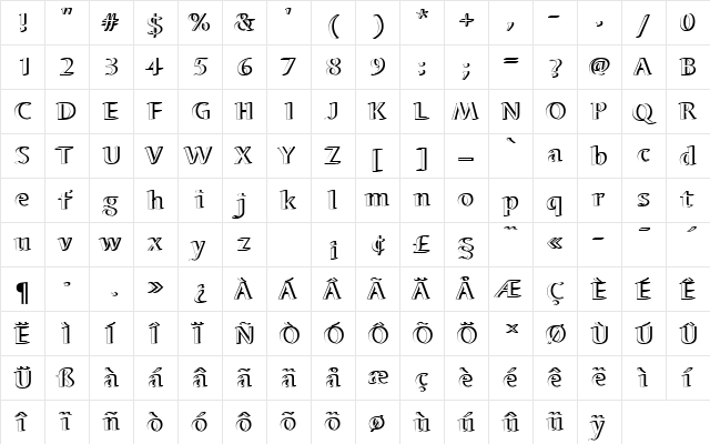BarbedorTBolRe1 Regular  glyph index