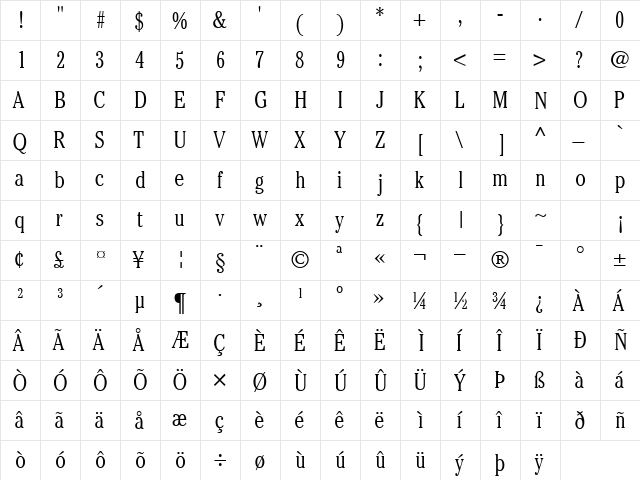 CheltenhamLightCondSSK Regular  glyph index