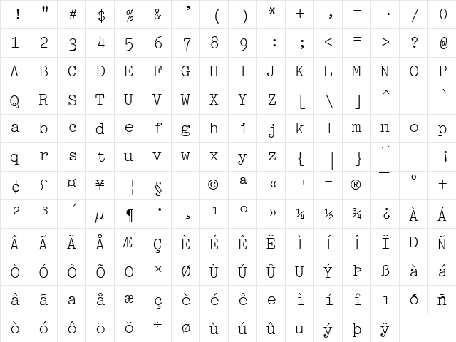 Pica Regular  glyph index
