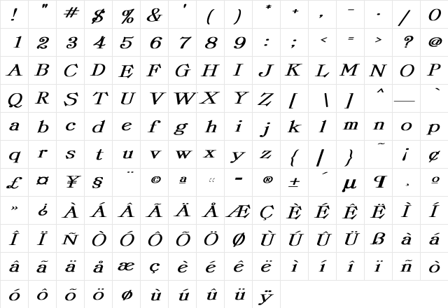 ProvLite Wd Bold Italic Bold Italic  glyph index