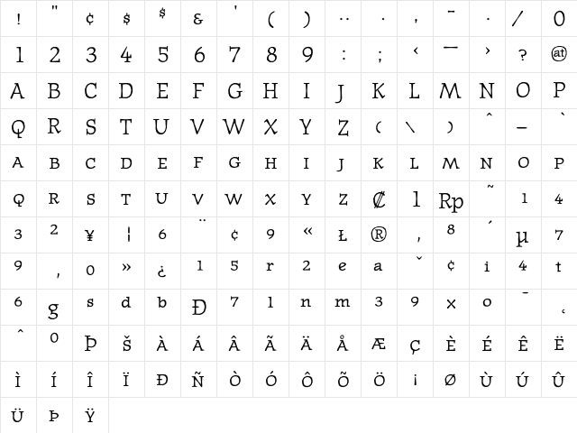 JournalTextSmallcaps Regular  glyph index