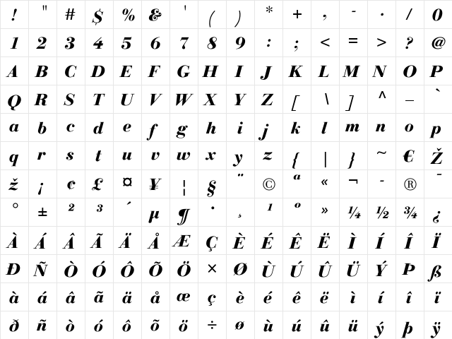 LTGianotten Regular Bold Italic  glyph index