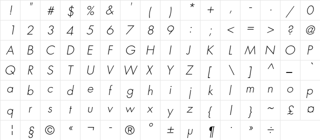 FavoritLightC Italic  glyph index
