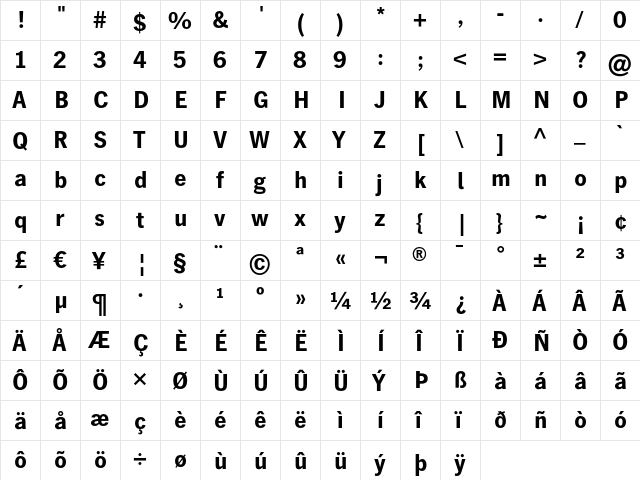 HeidelbergGothicTab Bold  glyph index