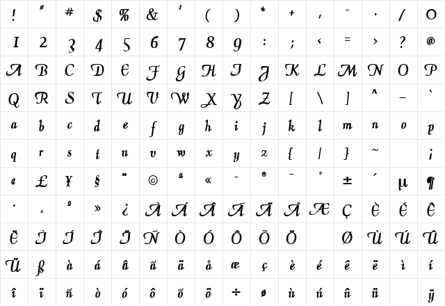 ElegansScriptSSK Bold  glyph index