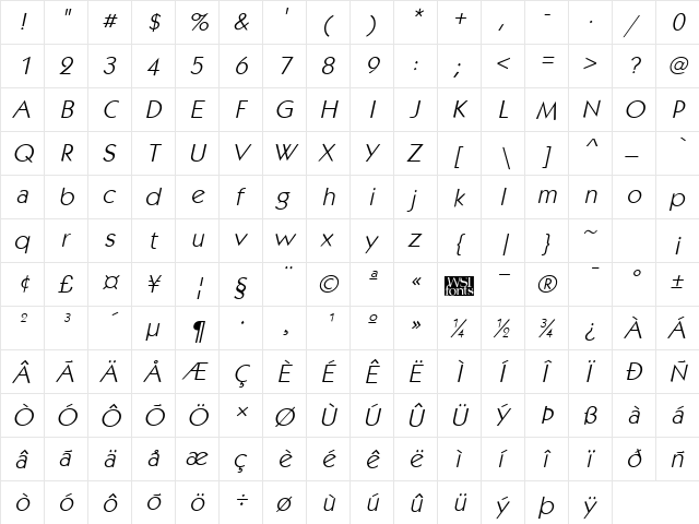 KabobLight Italic  glyph index