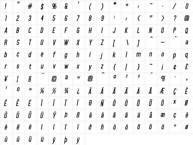 Home Planet BB Bold Italic  glyph index