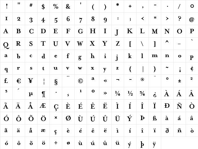 Mrs Eaves OT Bold  glyph index