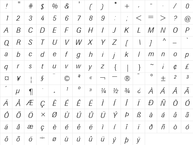 BertholdImago-Light LightItalic  glyph index