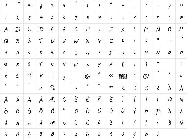 ColemansHand Regular  glyph index
