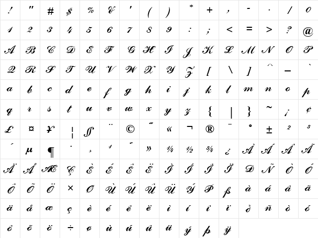 CommercialScriptMT Regular  glyph index