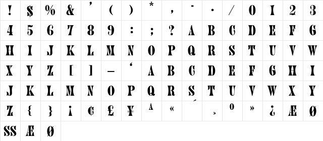 JenniferThin Regular  glyph index