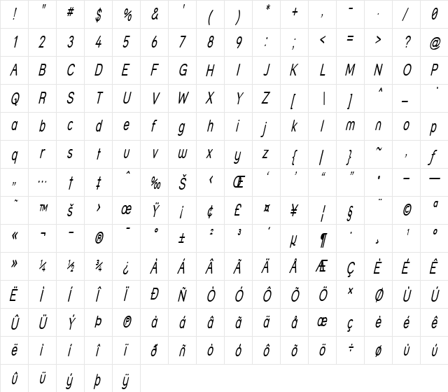 Street - Thin Italic  glyph index