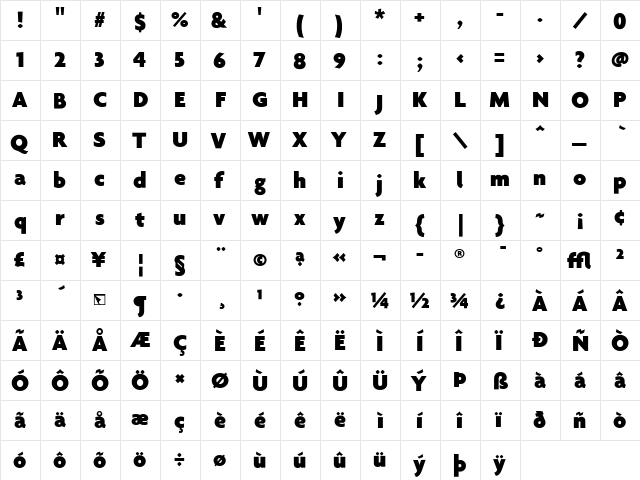 Agenda Black  glyph index