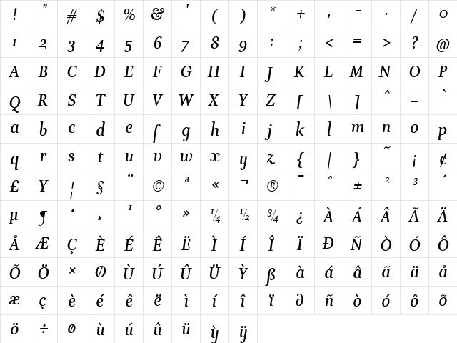 EstaBoldItalic Regular  glyph index