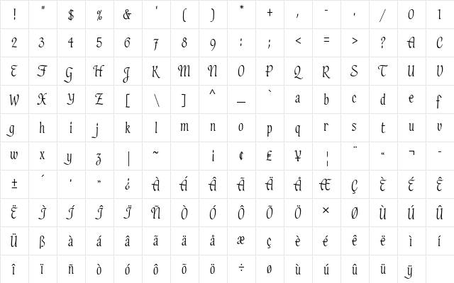Hadfield Std Regular  glyph index