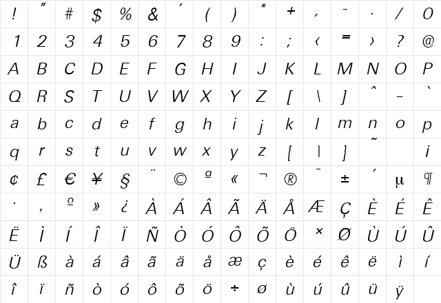 UltimateSerial-Light Italic  glyph index