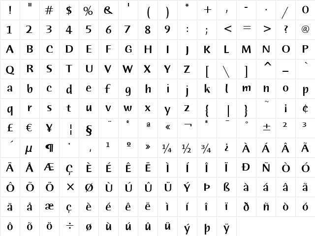 Humana Sans ITC Regular  glyph index
