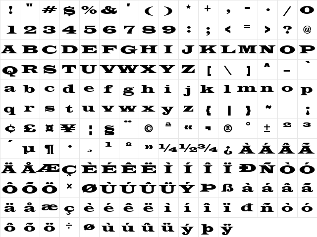 Latin Wide Regular  glyph index