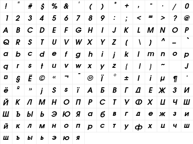 Avalanche Bold-Italic  glyph index