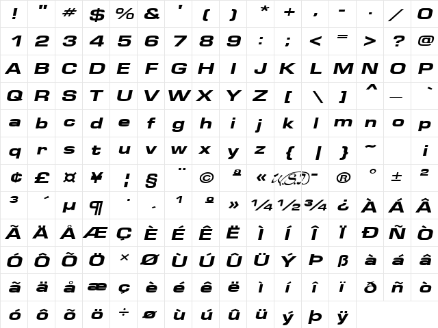 EuroseWide Heavy Italic  glyph index