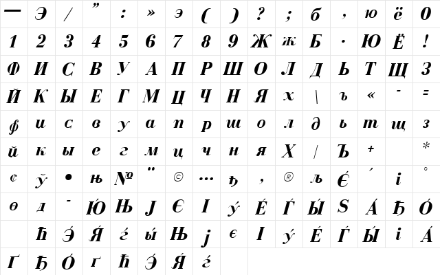 COLOURB Regular  glyph index