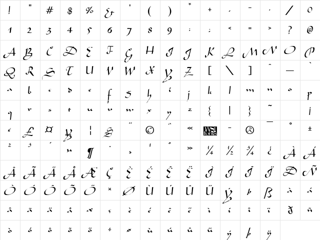 Aladdin Regular  glyph index