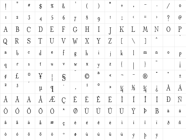 Olympus-Condensed Bold  glyph index
