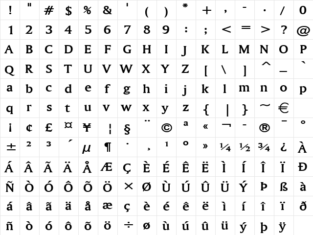 AmerettoWide Bold  glyph index