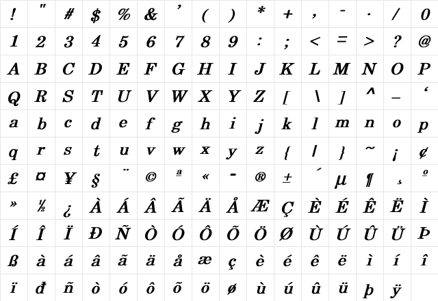 Eureka Bold Italic  glyph index