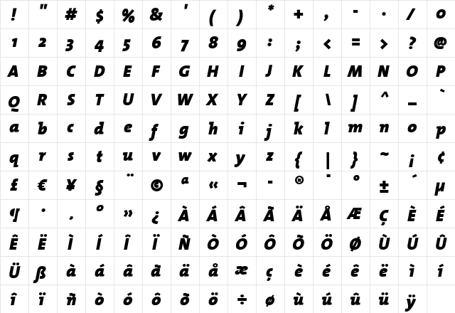 TheMix Black Italic  glyph index