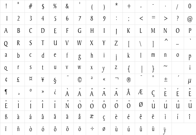 Barrett Thin Normal  glyph index