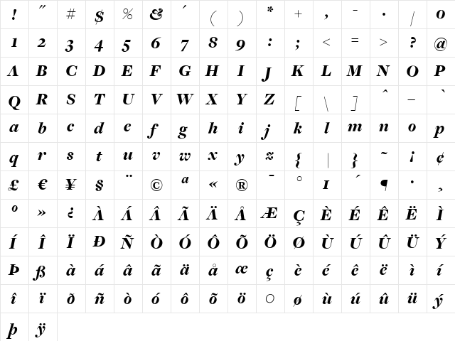 FreightDispBlackItalic Regular  glyph index