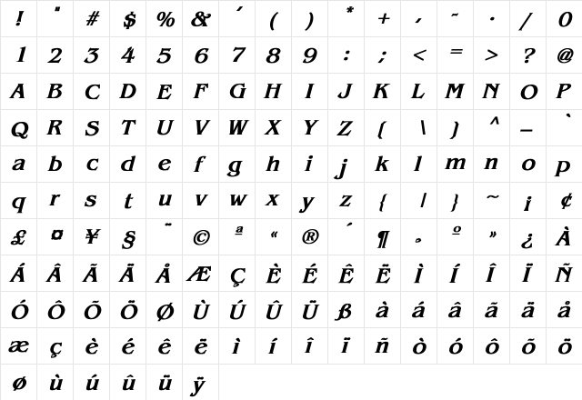 Benguiat Bold Italic  glyph index