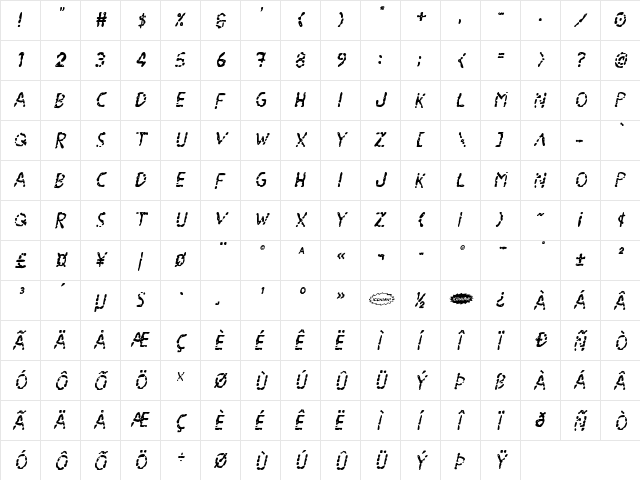Blood Drenched Italic Regular  glyph index