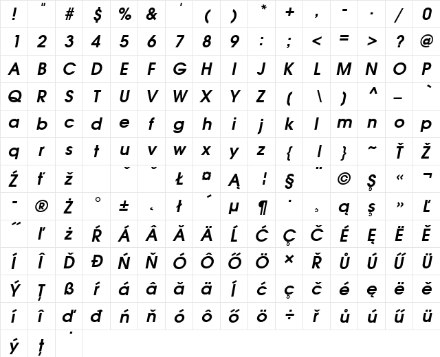 AvantGarGotItcLEE Bold Italic  glyph index